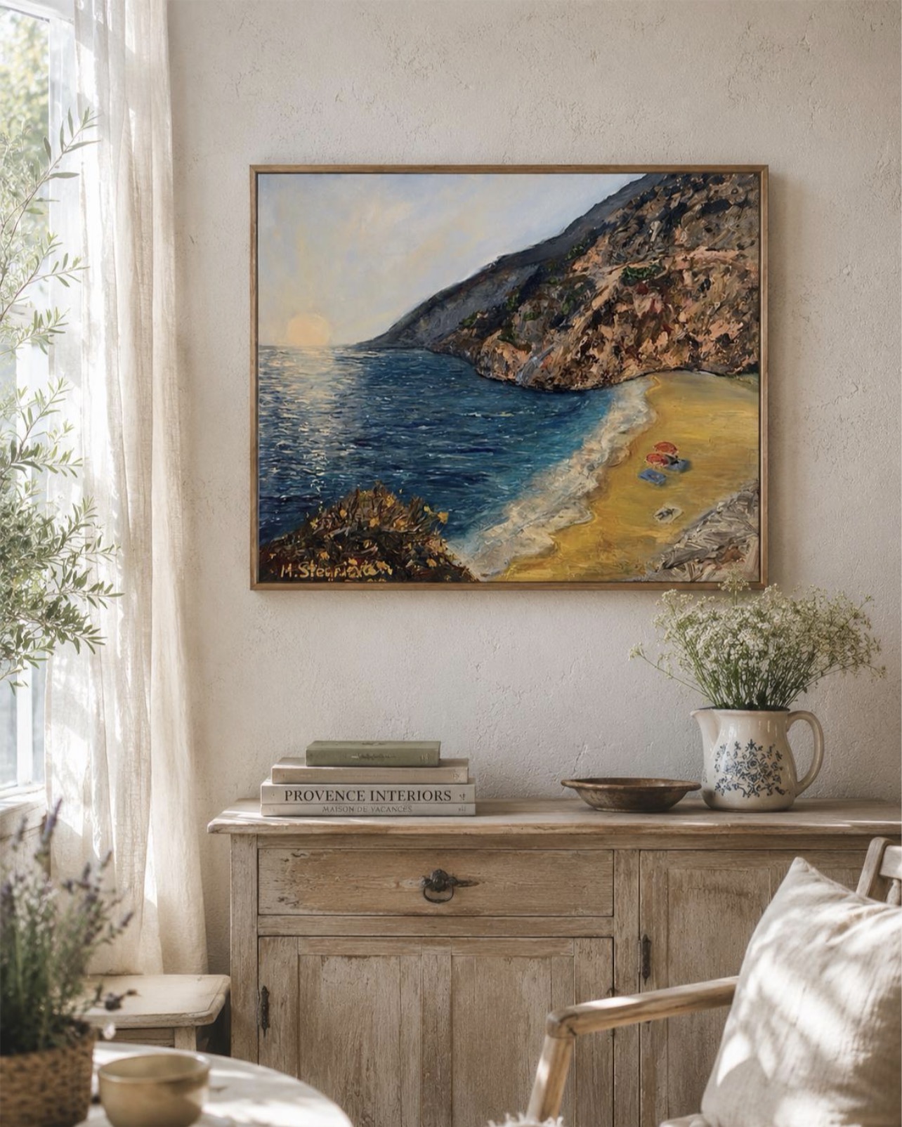 Detail of the Velvet Season painting showing the sea, beach and Crimean cliffs